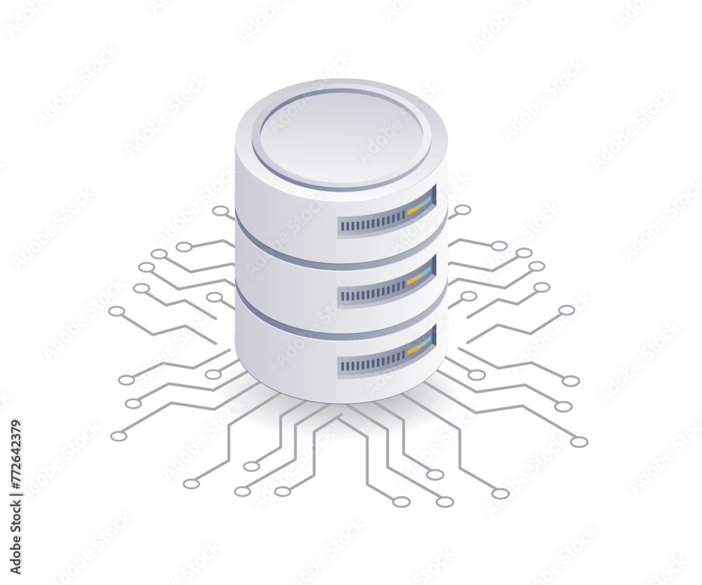 Poster Computer network management database server system, flat isometric 3d illustration