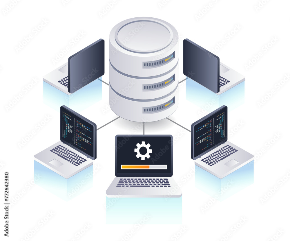 Poster Computer network management database system, flat isometric 3d illustration