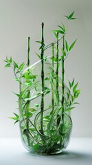A bamboo in a vase made of glass with a white background, illustration made with generative AI