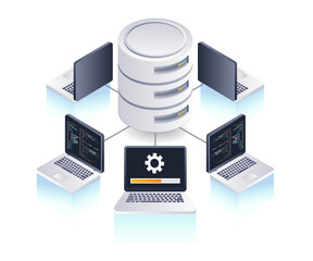 Computer network management database system, flat isometric 3d illustration