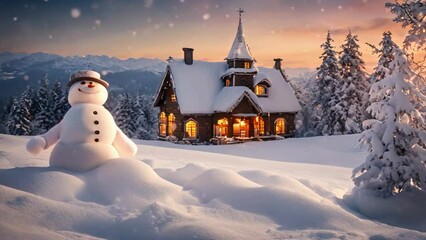 winter scene with snowman and house - Powered by Adobe