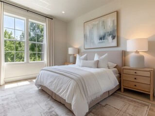 Modern Farmhouse Bedroom with Large Painting and Natural Light