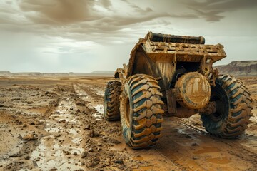 Heavy Duty Mining Truck on Rugged Terrain Under Overcast Sky Industrial Vehicle at Work in Quarry