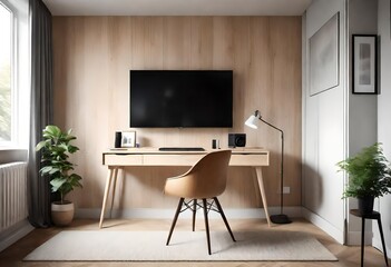 Inviting office nook featuring a TV and comfortable chai, Modern workspace with television and seating, Cozy home office setup with TV and chair. - obrazy, fototapety, plakaty