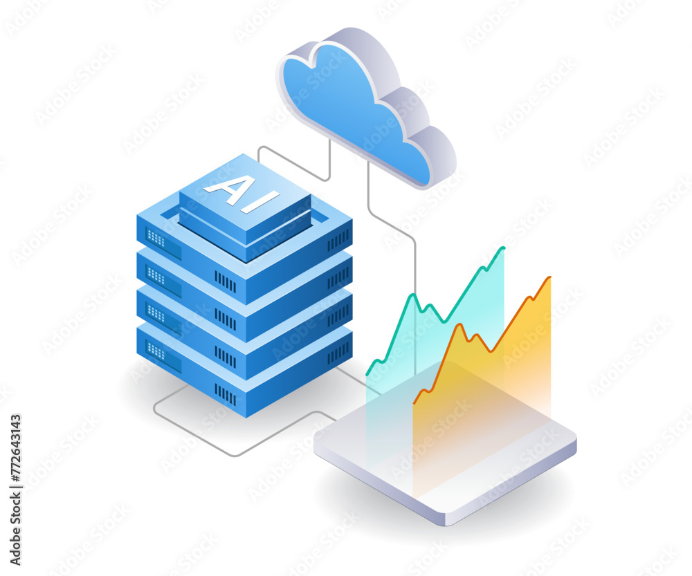 Aufkleber artificial intelligence server data analysis, flat isometric 3d illustration