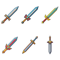 Cartoon game sword. Simple battle set swords. Medieval symbol icon  isolated. Set rpg gaming weapon.  Military cartoon  sword for game. On white background. Vector illustration.