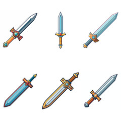 Cartoon game sword. Simple battle set swords. Medieval symbol icon  isolated. Set rpg gaming weapon.  Military cartoon  sword for game. On white background. Vector illustration.