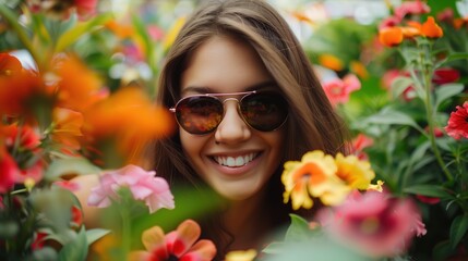 A cheerful portrait of a beautiful smiling brunette young natural woman wearing sunglasses, surrounded by colorful blooms in a botanical garden, exuding joy and vitality