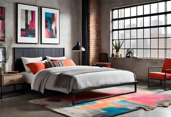 Contemporary room with bed and bright rug, Minimalist bedroom design featuring a colorful rug, Modern bedroom with colorful rug and cozy bed.