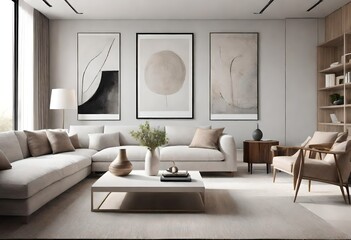 Stylish contemporary living room in neutral tones, Chic interior design featuring beige and white furnishings, Elegant modern living room with beige and white furniture.