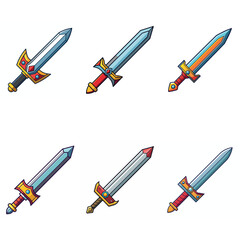 Cartoon game sword. Simple battle set swords. Medieval symbol icon  isolated. Set rpg gaming weapon.  Military cartoon  sword for game. On white background. Vector illustration.