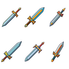 Cartoon game sword. Simple battle set swords. Medieval symbol icon  isolated. Set rpg gaming weapon.  Military cartoon  sword for game. On white background. Vector illustration.