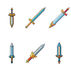 Cartoon game sword. Simple battle set swords. Medieval symbol icon  isolated. Set rpg gaming weapon.  Military cartoon  sword for game. On white background. Vector illustration.