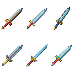 Cartoon game sword. Simple battle set swords. Medieval symbol icon  isolated. Set rpg gaming weapon.  Military cartoon  sword for game. On white background. Vector illustration.