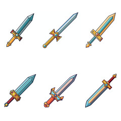 Cartoon game sword. Simple battle set swords. Medieval symbol icon  isolated. Set rpg gaming weapon.  Military cartoon  sword for game. On white background. Vector illustration.