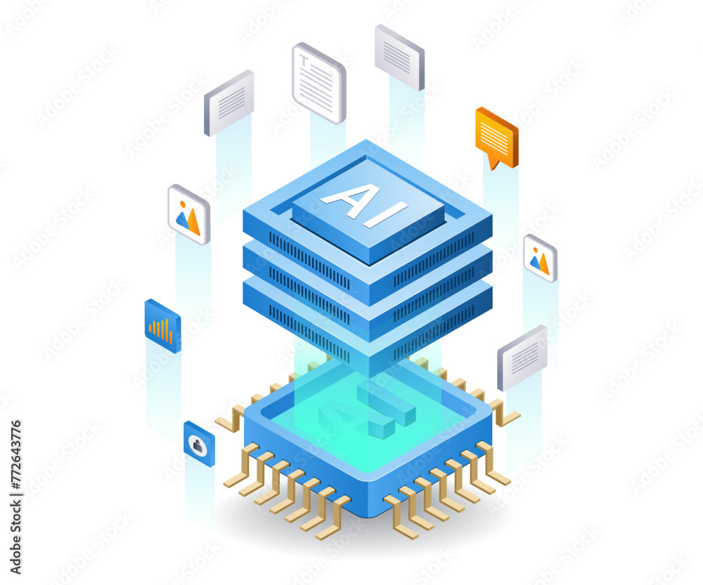 Poster artificial intelligence can create many digital products, flat isometric 3d illustration
