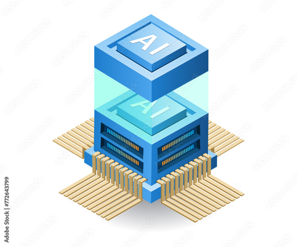 Poster artificial intelligence chip application concept, flat isometric 3d illustration