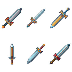 Cartoon game sword. Simple battle set swords. Medieval symbol icon  isolated. Set rpg gaming weapon.  Military cartoon  sword for game. On white background. Vector illustration.