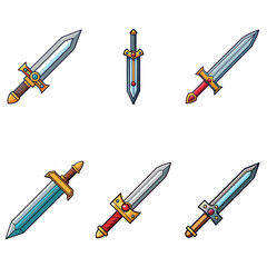 Cartoon game sword. Simple battle set swords. Medieval symbol icon  isolated. Set rpg gaming weapon.  Military cartoon  sword for game. On white background. Vector illustration.
