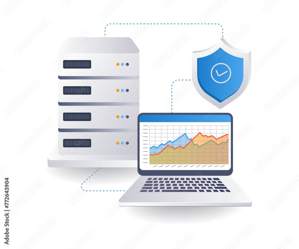 Poster analysis of cloud server security concept, flat isometric 3d illustration