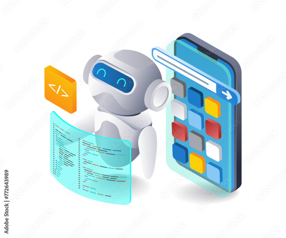Poster ai robot builds smartphone application web, flat isometric 3d illustration