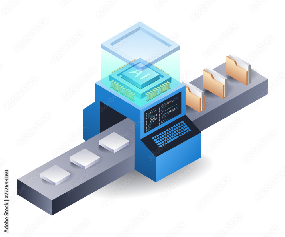 Poster Artificial intelligence machine processing data concept, flat isometric 3d illustration