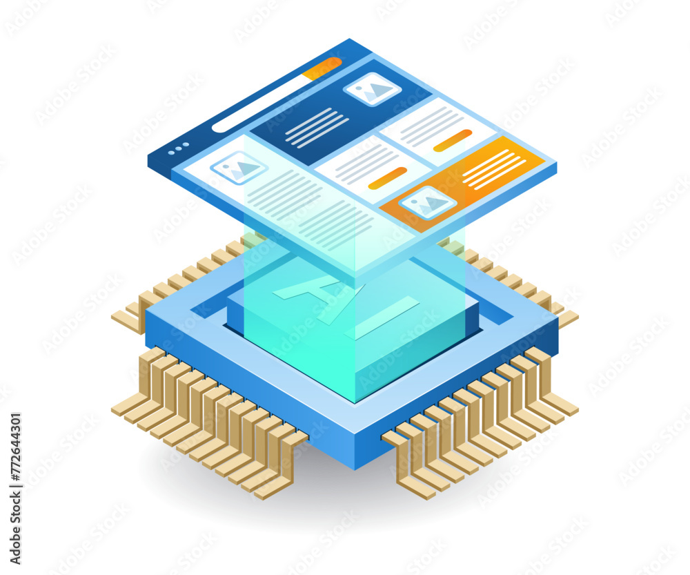 Poster artificial intelligence creates website application, flat isometric 3d illustration