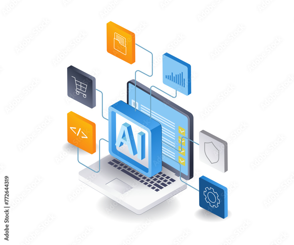 Aufkleber Artificial intelligence controls all computer applications, flat isometric 3d illustration
