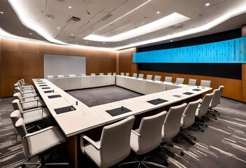 Corporate meeting room with multimedia display, Professional setting with presentation screen and seating, Spacious meeting area with technology setup.