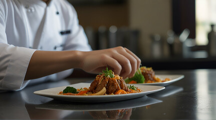 Closeup of professional chef plating Asian dish in restaurant kitchen.generative.ai