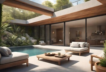 Artist's impression of a chic home with a swimming pool, Architectural depiction of a contemporary residence with pool, Modern home with sleek design and inviting swimming pool.