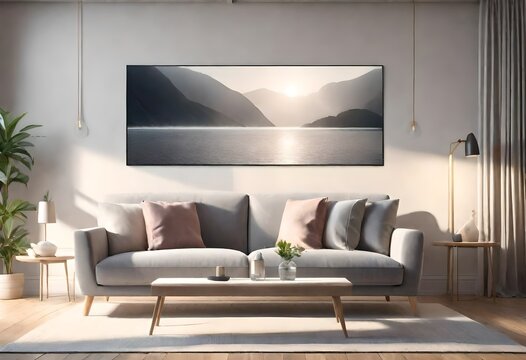 Inviting living room setting with grey couch and scenic lake painting, Tranquil grey sofa complemented by lake scene artwork, Cozy space featuring grey sofa and lake artwork.