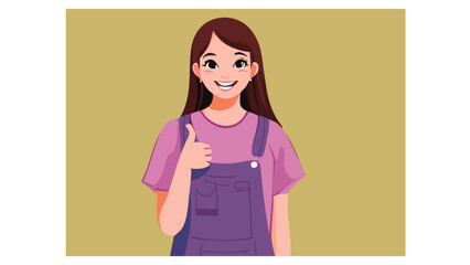 Portrait of cute kawaii excited casual asian brunette k-pop girl in fashion clothes purple overalls, yellow t-shirt showing thumb up hand gesture good job respect.  