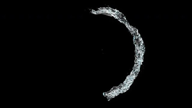 Closeup slow motion Circle Water splashing flow follow turn isolate on black background. 3D animation.	