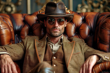 Confident man wearing sunglasses sitting in a leather chair, cool confident adventurer listening to the client, relaxed attitude seated in a stylish hat and jacket - Powered by Adobe