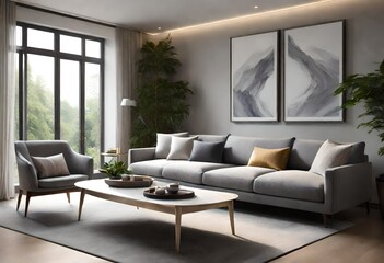 Grey couch and chic coffee table in modern lounge space, Contemporary living room featuring grey sofa and center table, Sleek grey couch in modern living room with coffee table.