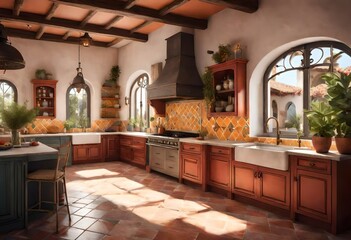 Warm kitchen setting with fireplace and tiled floor, Charming kitchen design with tiled floor and fireplace, Traditional kitchen featuring fireplace and tiled flooring.