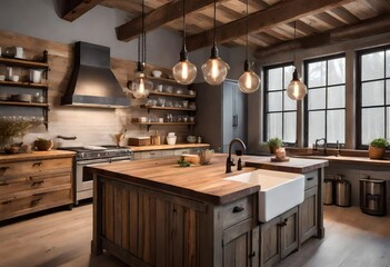 Traditional kitchen featuring wooden beams and countertops, Warm and inviting kitchen with natural wood elements, Cozy kitchen with wooden beams and rustic charm.