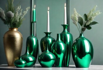 Set of lush green vases with flickering candles and blooms, Group of emerald vases with elegant floral arrangements, Green vases with candles and white roses.