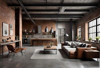 Urban loft ambiance with brick wall accents, Industrial chic décor in a trendy living room,...