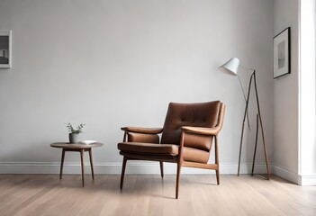 Fototapeta na wymiar Contrast of brown chair on white backdrop, Minimalist room with stylish leather seat, Serene interior with leather armchair.