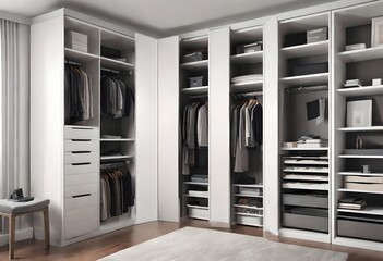 A white wardrobe stuffed with an assortment of clothing items, Overflowing white closet with a collection of garments, A packed white closet filled with various clothes.