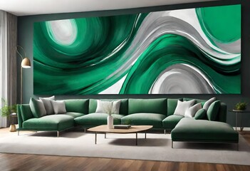 Green abstract art adds artistic flair to room, Bold green hues evoke energy in home décor, Vibrant green abstract painting in modern living room.