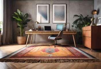 Chic home office design with a rug and contemporary desk, Minimalist home workspace featuring a desk and neutral rug, Cozy home office with a stylish rug and wooden desk.