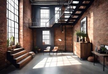 Loft-style room featuring contemporary design elements, Open-concept industrial living space with natural light, Modern loft area with large windows overlooking the city.