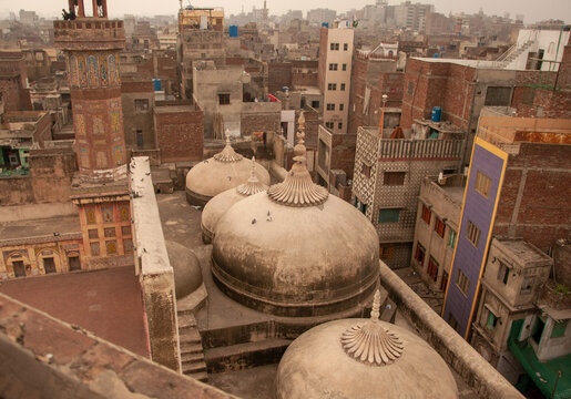 Historical place mosque Wazir Khan Lahore Pakistan top aerial view, walled city of Lahore Pakistan