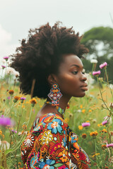 Beautiful black woman, standing in the middle of nature surrounded by wildflowers