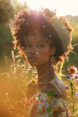 Beautiful black woman, standing in the middle of nature surrounded by wildflowers. Soft light and shadow with a blurred background and bokeh.