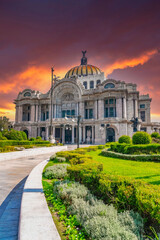 Sunset at the Palacio de Bellas Artes in Mexico City, with a Vibrant Sky.