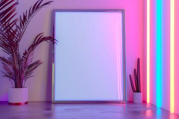 Neonlit room with poster colors of the rainbow shine on wood flooring - obrazy, fototapety, plakaty